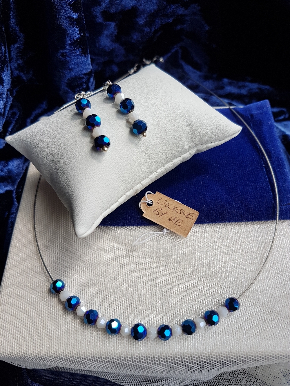 Swarovski Elements Metallic Blue & White Delicate Choker Necklace NEW - Picture 13 of 15